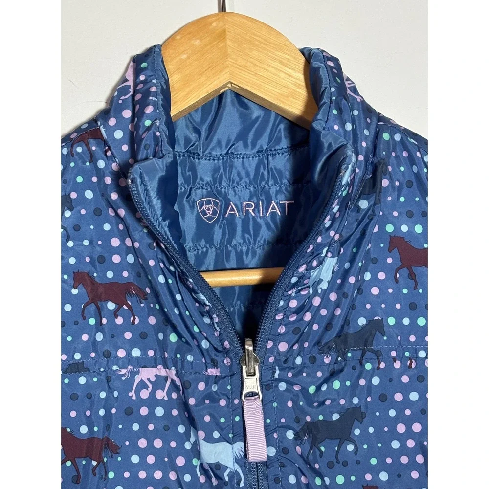 Ariat Reversible Puffer Vest Kids XL‎ 14 Blue Horse Polka Dot Print Quilted Zip